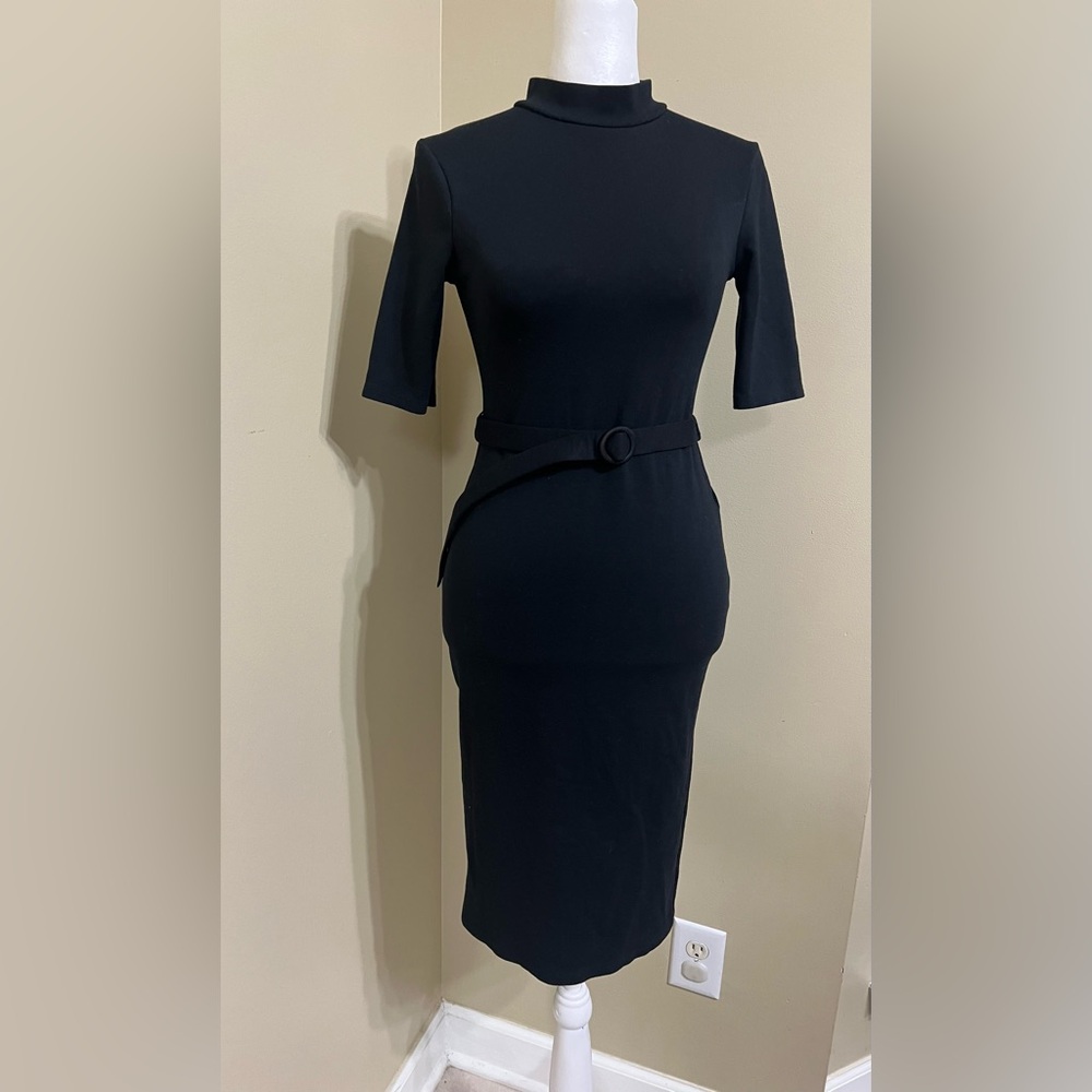 NWT Zara Black Midi Dress with Belt - Picture 2 of 7